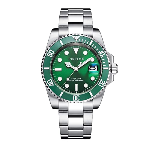 Drocuamgoya Men Silver Casual Watch Rotating Ceramic Bezel Stainless Steel Japan Quartz Analog Watches Screw Crown Button Waterproof Luminous Dial (Green) #TOP6