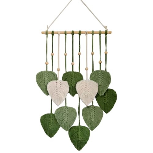 INCNMAD Tapiz de Pared Macramé Bohemio con Hojas Verdes y Cuentas de Madera – Decoración de Pared Hecho a Mano, Tapices de Pareds para Salón, Dormitorio o Habitación (40x68 cm)