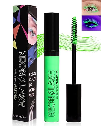 UV Glow Colored Mascara Volume and Length - 1 Pcs Green Waterproof Mascara for Eyelashes, Fast Dry Curling Non Clumping, Long Lasting for St Patrick's Day Party, Stage Use, Clubbing Makeup