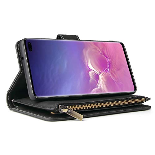 CHICASE Wallet Case for Galaxy S10,Samsung S10 Case,Leather Handbag Zipper Pocket Card Holder Slots Wrist Strap Flip Protective Phone Cover for Samsung Galaxy S10(Black)