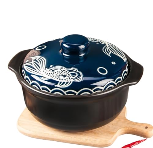 Olla for estofado de cazuela cerámica 114oz/3400ml, con patrón en relieve pescado azul, perfecta for cocina a fuego abierto, Gas, sopa Para Horno