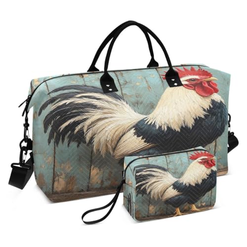 Oil Painting Chicken Wood Travel Duffle Bag Gym Bag Weekender Bags with Toiletry Bag Travel Trip Tote Bag