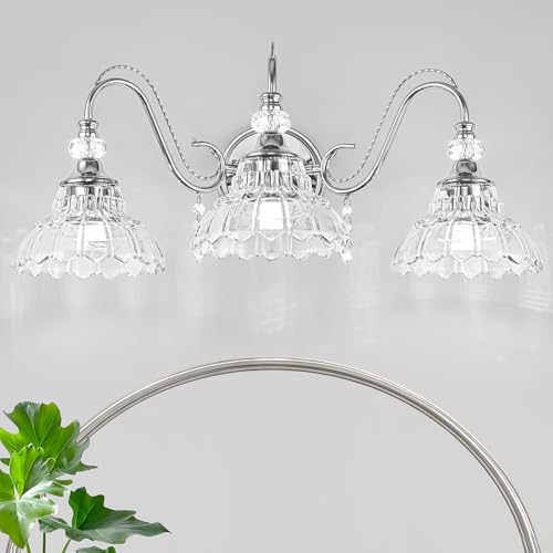 Image of Brushed Chrome Bathroom Vanity Light, 3-Light Chrome Finish Wall Sconce with Hanging Crystal Accents and Flower-Shaped Clear Glass Shades, Modern Wall Mount Vanity Light Over Mirror for Bathroom