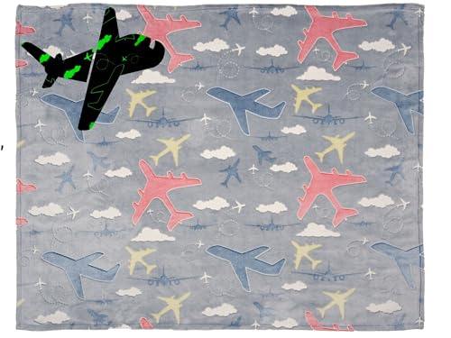 Glow in the Dark Blanket, Soft Plush Kid's Throw, Fleece, All Season Throw, Blanket for Boys and Girls, Airplanes Pattern, Fun Birthday Gift, Travel, 50"x60"
