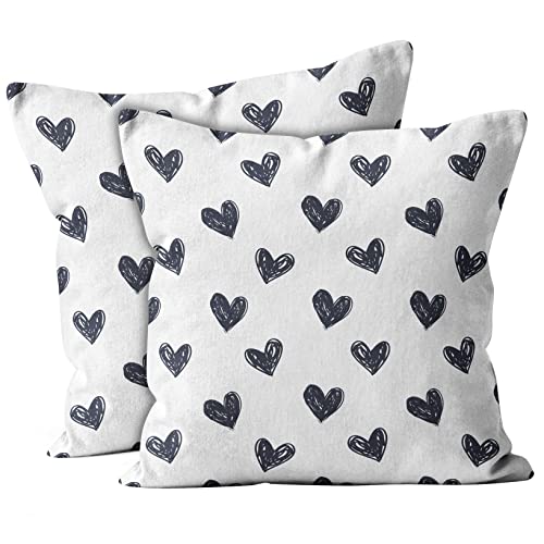 XtremePads Set of 2, Decorative Square Throw Pillow Case Cushion Cover, Black White Hearts Pattern, 16x16 inch, for Couch Sofa Bedroom Chair Home Decor