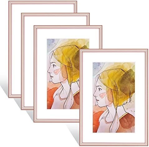 Fkvat 4x6 Picture Frame Rose Gold Thin Modern Metal Set of 4 - Horizontal Vertical for Desk and Wall Hanging, Aluminum Floating Frames Display 3x5 Photo with Mat or 4 X 6 Photos without Mats(4 Pack)