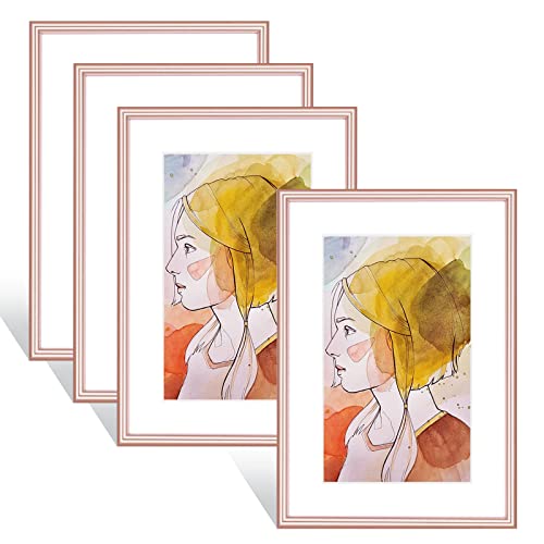 Fkvat 4X6 Picture Frame Rose Gold Thin Modern Metal Set Of 4 - Horizontal Vertical For Desk And Wall Hanging, Aluminum Floating Frames Display 3X5 Photo With Mat Or 4 X 6 Photos Without Mats(4 Pack) #TOP29