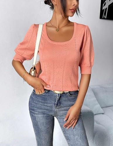 Image of Womens Fashion Short Sleeve Blouses Trendy Square Neck Puff Eyelet Shirts Tops Basic Clothing Orange Pink