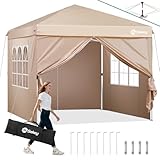 Sekey Pop Up Pavillon 3x3 Wasserdicht Stabil Winterfest, Faltpavillon 3 x 3 m, Camping Pavillion Faltbar Partyzelt mit Seitenwänden, Höhe Verstellbar in 3 Stufen, (Beige, Höhe 260)