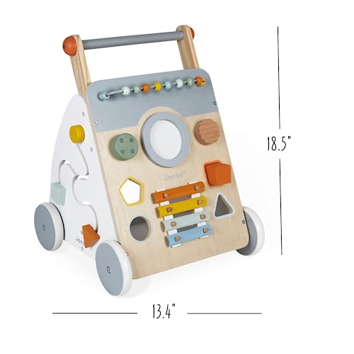 Janod - Sweet Cocoon Multi-Activity Laufwagen - Lauflernwagen aus Holz - 9 Aktivitäten - Leise Räder, Wasserbasierte Farben - Kinderspielzeug ab 1 Jahr, J04410