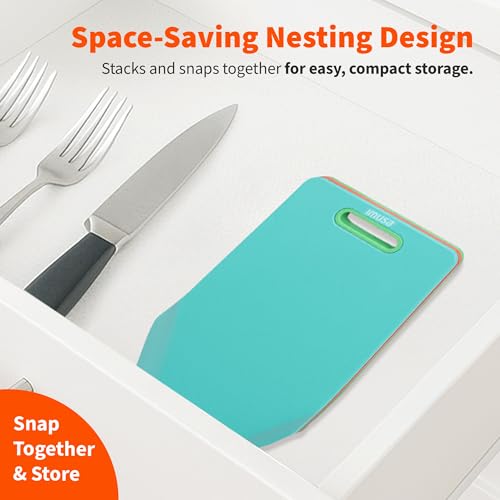 Image of IMUSA Cutting Board Set, 3-Pack 11.8 inchx7.4 inch, Nesting | Plastic, color-coded for meat and veggies to prevent cross-contamination, handles, curved edge for easy pour, dishwasher safe