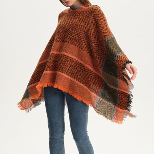 Cozy Hooded Poncho for Women - Stylish Chevron Pattern Knit Wrap with Fringe Hem - JS014