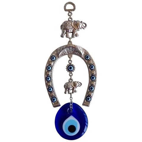 Erbulus Turkish Silver Horse Shoe Blue Evil Eye Wall Hanging Ornament with Elephant - Turkish Nazar Bead Amulet – Home Protection and Good Luck Charm Gift in a Box Cover