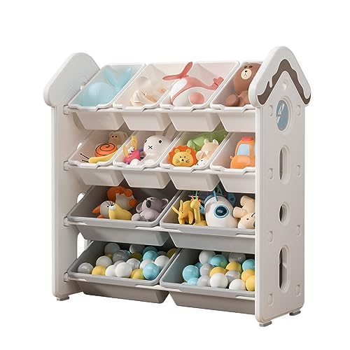 Image of UNICOO® Kids Candy House 4-Tier Toy Storage Cabinet | Montessori-Style Storage and Organization with 12 Bins | Organizer Shelf for Toy Storage in Nursery, Playroom, Study Room (White)