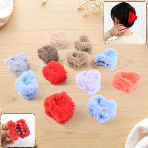 Image of Small Fluffy Hair Claw Clips for Women and Womens, Soft Plush Non Slip Hair Accessories, Strong Grip Mini Hair Clutcher Set, Assorted Colors, Pack of 12 Pieces