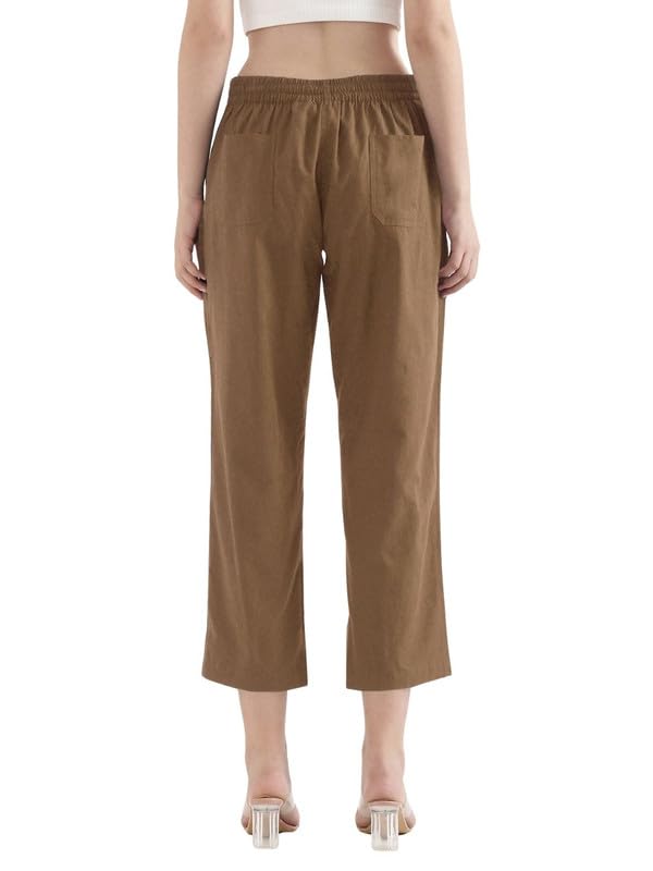 Image of SAADAA Women's Airy Linen Straight Pants | Regular Fit Trousers | Half Elasticated with Drawstrings & Buttons | 4 Pockets | Everyday & Office Wear