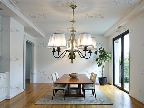 Image of Prop It Up 5-Light Chandelier with White Fabric Shades for Home, Gold and Black Metal Frame jhoomer for Hall, Crystal Accent, E27 Holder, 72x78 cm