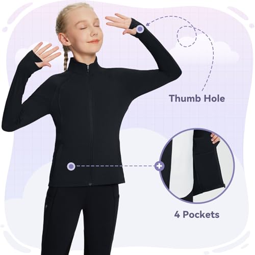 Baleaf Fleece Girls Jacket Zip Up Fall Jackets Kids Equestrian Riding Shirts Thermal Athletic Sweatshirts Warm Black M thumb #3