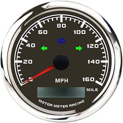 MOTOR METER RACING W Pro 85mm 3-3/8" GPS Speedometer with Turn Signal High Beam 160 MPH Black Dial White LED Digital Odometer Waterproof for Car Truck Motorcycle Harley Marine Boat Yacht