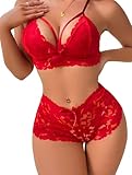 Lilosy Sexy Strappy Harness Women Floral Lace Pajamas Lingerie Set High Waist Sheer Sleepwear See Through Nightwear Bow Ties Cami Shorts Bra and Panty 2 Piece Bright Red Medium