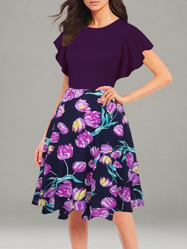 Image of oxiuly Wedding Church Vintage Cocktail Dresses with Pockets Summer Casual Floral Dress for Women Flare376