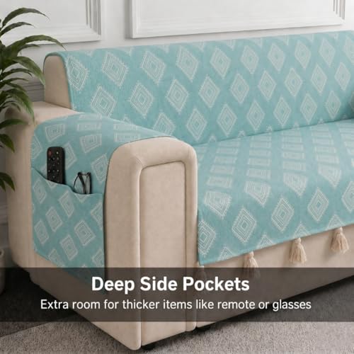 Image of STITCHNEST 'Verdant Rekhika Stories' 3 Seater Sofa Cover | Full Coverage with Armrest Pockets | Elegant Jacquard Fabric, Decorative Tassels, Washable & Durable for Modern Living