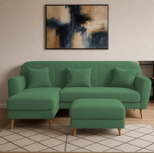 Image of Atticus LHS 4 Seater L Shape Sofa Set with Ottoman for Living Room (Green Fabric) Premium Fabric Sofa Set