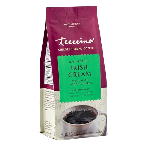 Teeccino Irish Cream Chicory Coffee Alternative - Ground Herbal Coffee That’s Prebiotic, Caffeine Free & Acid Free, Medium Roast, 11 Ounce