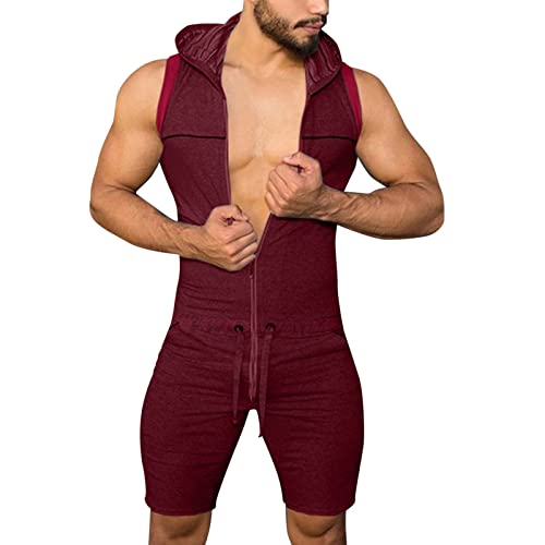 Mens Jumpsuits One Piece Casual Comfy Sleeveless Tank Tops Shorts Slim Fit Hooded Zipper Rompers Bodysuit with Pockets (Red, XL)