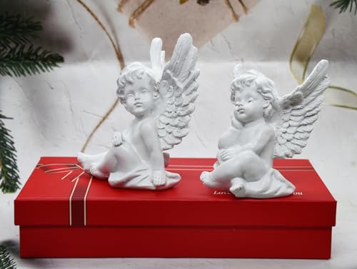 Image of Saugat Traders Twin Angel with Wings Statue for Home Decor, Living Room - Pack of 2 White Polyresin Figurine Decorative Sculpture Showpiece Gifting