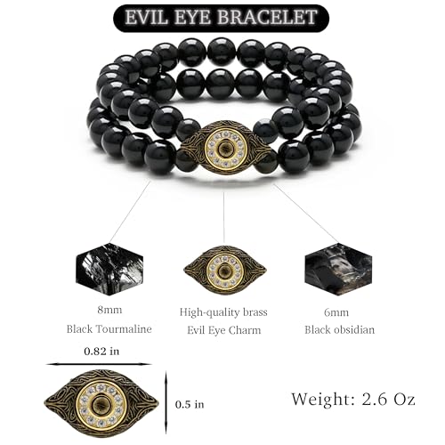 Evil Eye Bracelets for Men - Black Tourmaline Bracelet - 8 MM Black Tourmaline Beaded Mens Bracelet Black, Anniversary Valentines Father's Day Birthday Gifts for Him Boyfriend Husband Man Son Dad2