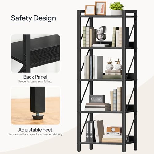 Image of HOOBRO Bookshelf, 5-Tier Industrial Bookcase, Book Shelf Storage Organizer, Tall Bookshelf with Metal Frame for Living Room, Bedroom, Home Office, Kitchen, Black BB73SJ01