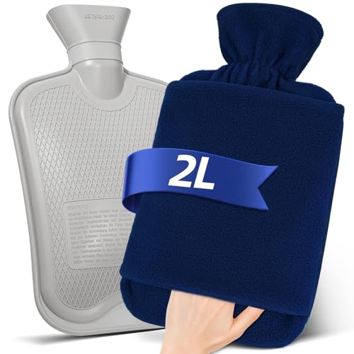 MUPAS Bolsa de Agua Caliente con Funda Polar - Botella de Agua Caliente Grande de 2L Anti Fuga - Bolsa de Agua Caliente Suave con Funda de Canguro y Caucho Natural (Azul Oscuro)