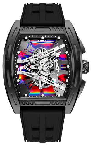 findtime Herren Armbanduhr Tonneau Ausgehöhlte Design Analoge Quarz Uhren Mechanische Uhr Großes Buntes Zifferblatt 5ATM Wasserdicht Leuchtend Militäruhren Leicht Silikon Armband Schwarz