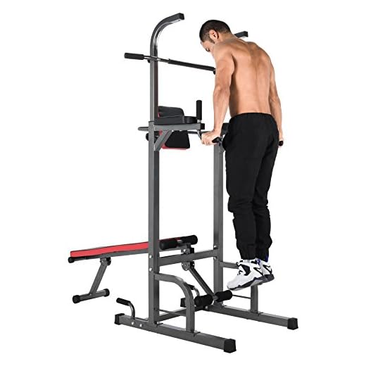 ZELUS Multifunctional Power Tower Workout Pull Up Dip Station Adjustable Height Pull Up Bar Station Tower with Sit up Bench for Indoor Home Gym Fitness Dip Stand (Power Tower w/Bench)