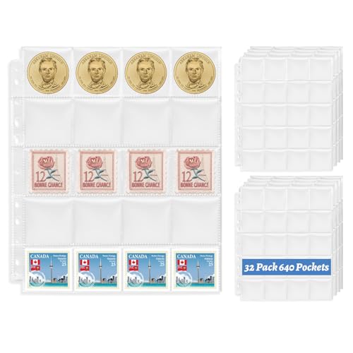 20-Pocket Coin Pages, 32 Sheets 640 Coin Pocket for for 2 x 2 Inch Cardboard Coin Holders, 11 Holes Coin Sleeves for Coin Album Protectors, Coin Collection Supplies, Coin Collection Storage