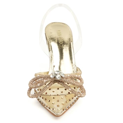 JENN ARDOR Women’s Heels for Bride Sparkly Low Heels Slingback Pumps 3.4 inch Clear Kitten Heels Wedding with Rhinestones Bow Pumps Pointed Toe Sandals Dress Shoes for Prom Party Dating3