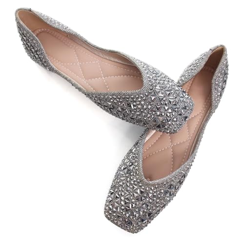 ChaiRong Zhou Womens Square Toe Flats Low Heel Dress Shoes Comfortable Ballet Flats Slip on Rhinestone Wedding Shoes3