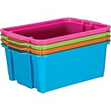 Really Good Stuff Neon Stackable Storage Baskets, Classroom Organizing Bins, Premium Plastic Organizing Book, Art, Cubby & Supply Keepers, Bright Book Holders, Neatly Organize School & Home, 4 pk