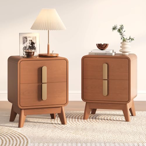 Image of JOINICE Mid Century Modern Night Stand Set of 2 for Bedroom, Cherry | Bed Side Table with Storage for Living Room, Bedroom, Veneer Finish, 2 Large Drawers with Golden Handles, Accent Piece