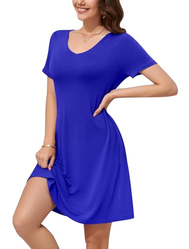 Image of WEACZZY Summer Dresses for Women 2026 V-Neck Casual T Shirt Dress Loose Short Sleeve Flowy Dresses with Pockets