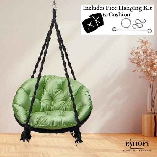 Image of Patiofy Premium Round Shaped Swing for Adults /Jhula for Adults /Swing for Balcony /Hammock Swing /Jhoola for Adults Outdoor /150kgs Weight Capacity /Includes Large Green Sitting Cushion(Black-32Inches)