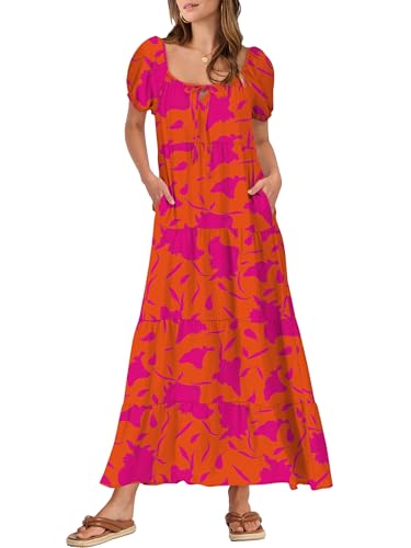 Image of ANRABESS Women's Boho Maxi Dresses 2025 Summer Casual Floral Puff Short Sleeve Tie Front Flowy Swing Tiered Long Beach Dress