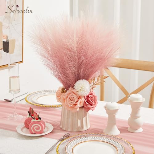 Image of Serwalin Gradient Pink Pampas Grass Decor, 17.7 Inch 6pcs Faux Pampas Grass, Artificial Pampas Grass for Wedding Table Centerpieces Decoration