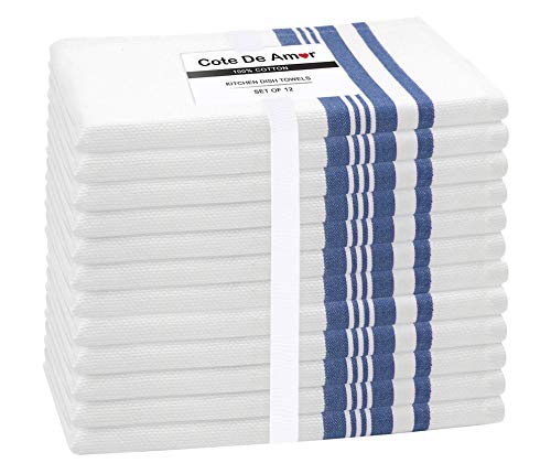 Cote De Amor 100 Cotton Kitchen Dish Towels 12 Pack 16x26 Absorbent Durable Washable Tea Towels Dish Cloths Bar Towels Cleaning Towels Kitchen Towels with Hanging Loop Blue White