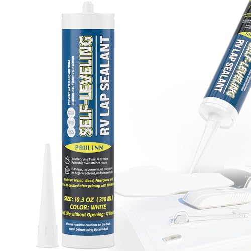 PAULINN RV Roof Sealant Self Leveling, Lap Sealant for RV Roofs, Camper Repair, Caulking, Rubber Roof EPDM, Flexible, UV & Waterproof, no Smell and Safe for RV Indoor use, White, 1 Pack