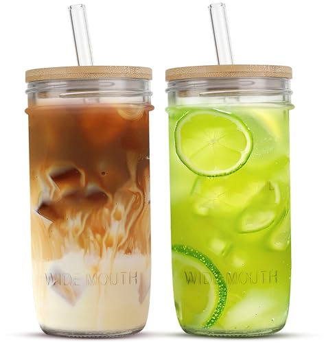 24 oz Glass Cups Set - 2 Pack Glasses Drinking Set with Leakproof Bamboo Lids & Glass Straws, Clear Kitchen Glasses Tumblers for Iced Coffee, Juice and Smoothie