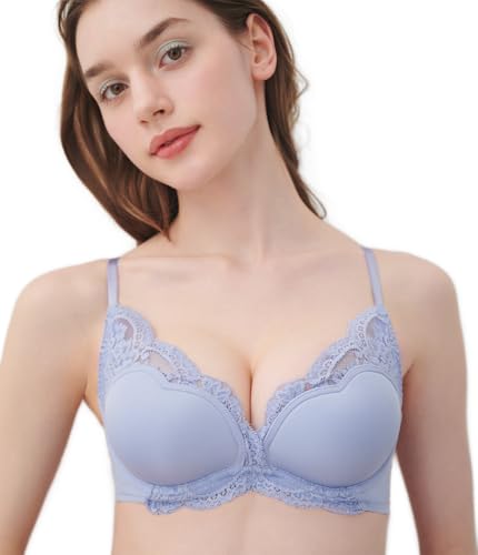 [ピーチ・ジョン] 【 最大1.5カップUP！盛りブラ Tシャツにひびきにくい 谷間 ボリュームアップ ふっくらデコルテ レース ブラジャー 】 B65 - F75 ハートブラ あじさいブルー C70のサムネイル
