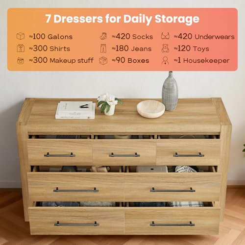 Image of 7 Drawer Dresser for Bedroom, 57.4 inch Wide Modern Chest of Drawers, Wooden Large Storage Cabinet with Sturdy Construction, TV Stand for Living Room, Hallway, Dining Room, Office (Natural Oak)