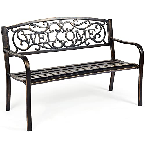 GOPLUS Banc de Jardin d’Extérieur, Jardin,Banc Extérieur, Balcon, Place pour 2 Personnes, Canapé de Cadre en Métal,Banc Jardin Banquette en Fer Forgé 127x 63 x 89CM,Jusqu’à 320KG (Bronze)
